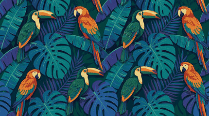 Fototapeta premium Vibrant tropical toucan parrot seamless pattern decorative jungle foliage illustration exotic bird surface design textile print