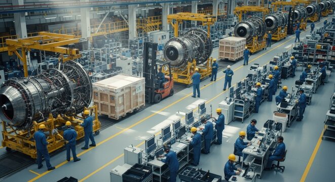 Aerial viewpoint of a jet engine production line featuring workers in safety gear coordinating parts delivery and quality control in an aerospace factory.