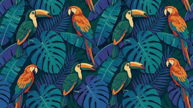 Vibrant tropical toucan parrot seamless pattern decorative jungle foliage illustration exotic bird surface design textile print