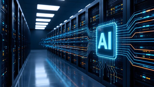 Artificial intelligence infrastructure in modern data center featuring glowing AI microchip icon connected to high performance server racks