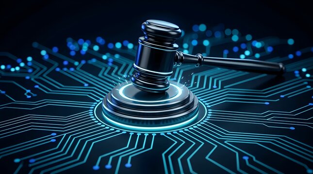 Data privacy legislation and cybersecurity law concept represented by a black gavel on a futuristic blue circuit board network