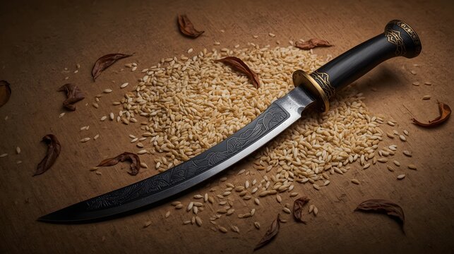 Traditional Indonesian Engraved Curved Dagger Blade on Raw Rice Grains and Wooden Table