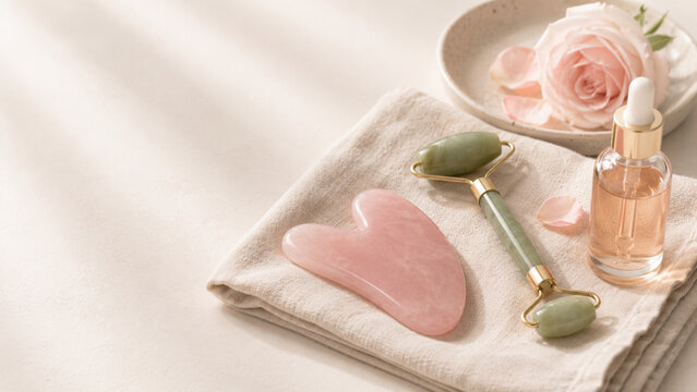 Rose quartz gua sha tool and facial roller on linen cloth with face oil bottle