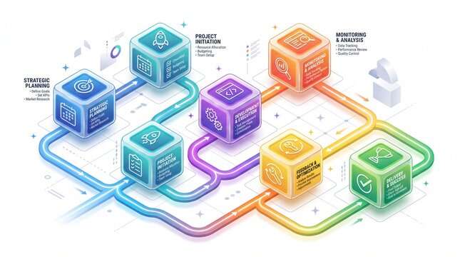 Isometric data workflow process connected by glowing neon pipes with isometric