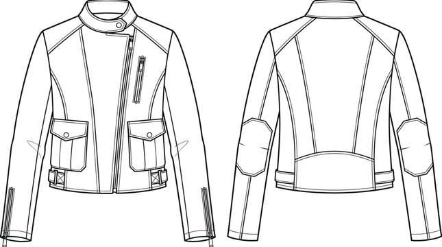 Womens asymmetrical zip leather biker jacket band collar elbow patch fashion flat sketch technical vector front back view