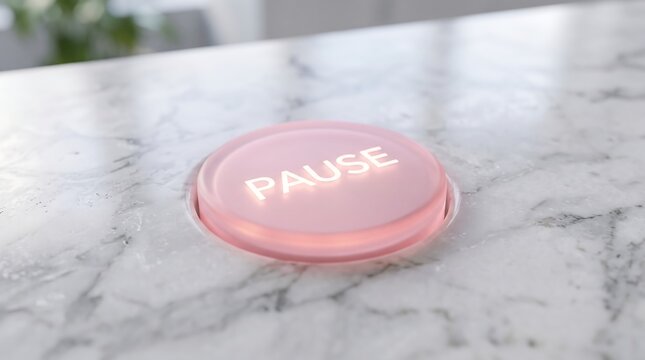 Illuminated Pink Pause Button on Marble Surface