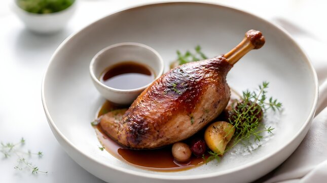 Crispy roasted duck leg confit served with savory sauce and herbs in white ceramic bowl
