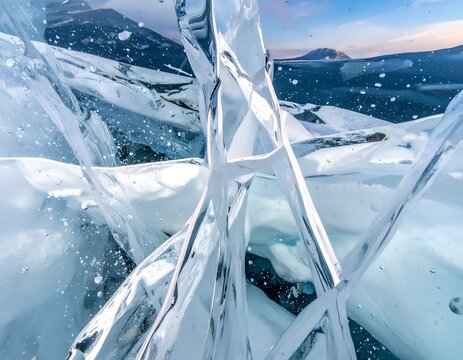 Close-up of transparent cracked ice shards on Lake Baikal with a winter landscape