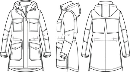 Womens hooded longline utility parka adjustable drawstring waist flap pockets fashion flat sketch vector technical drawing front side back view © Prohllad