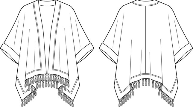 Womens open front fringe kimono poncho jacket wide sleeves tassel hem fashion flat sketch technical vector front back view