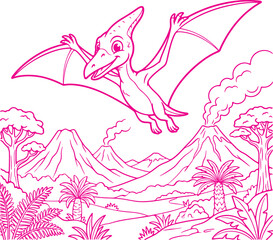 Pterodactyl glides over a prehistoric landscape featuring smoking volcanoes and tropical vegetation in this detailed illustration. © Rokibul