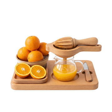 Wooden citrus juicer with fresh oranges. Manual fruit squeezer station for orange juice.