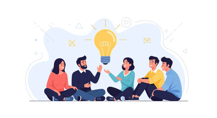 Fototapeta premium Diverse group of people sitting in a circle, brainstorming ideas with a glowing lightbulb symbolizing innovation and creativity