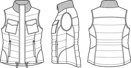 Womens ribbed collar quilted puffer vest chest flap pockets utility gilet fashion flat sketch vector technical drawing front side back view © Prohllad