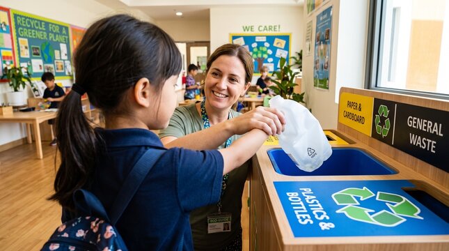 Teacher Guiding Child to Recycle Plastic Milk Jug in Modern School Station with Warm Natural Lighting