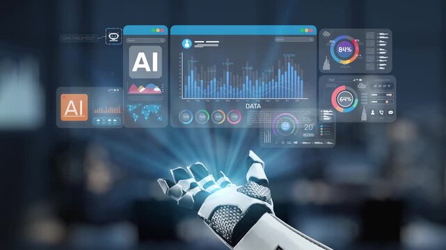 A futuristic robotic hand interacts with a dynamic data visualization interface displaying key statistics, insights, and graphics, showcasing advanced technology in a modern workspace. Synapse