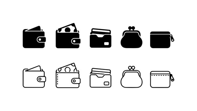 Wallet and Coin Purse Icon Set in Silhouette and Outline Style
