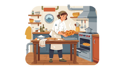 Fototapeta premium Female baker holding tray of fresh bread in kitchen.