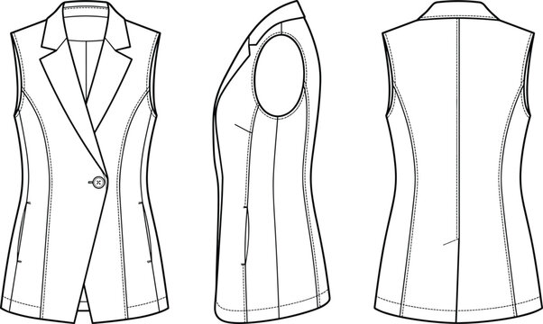 Womens sleeveless blazer vest lapel collar single button asymmetric hem jacket fashion flat sketch vector technical drawing front side back view