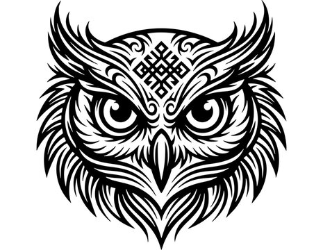 Stylized Owl Head Illustration with Tribal Ornamental Patterns and Endless Knot Symbol in Black and White Vector Art