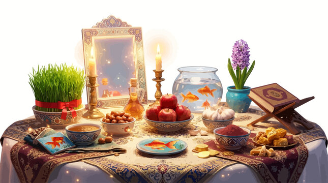 Haft Seen table setting for Nowruz Persian New Year celebration