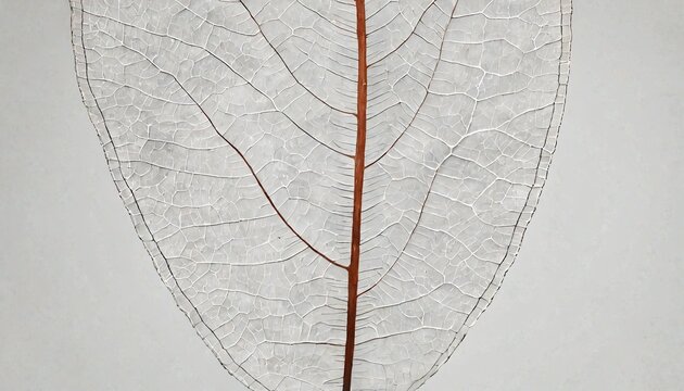 Delicate translucent skeleton leaf showing intricate veins on white background

