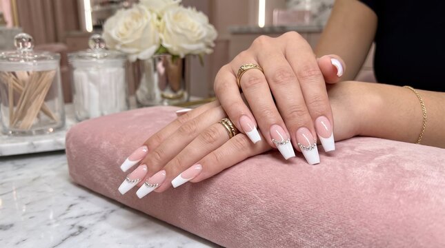 French Manicure Nail Art with Rhinestones on Long Square Extensions