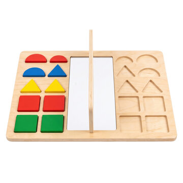 Wooden Montessori shape puzzle. Educational toy for toddler geometry and logic skills.