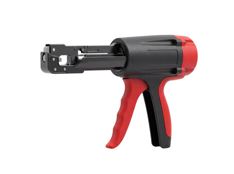Red and black construction adhesive gun with a metallic nozzle on transparent background tool