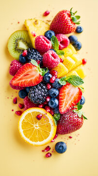A vibrant assortment of fresh fruits including strawberries, blueberries, raspberries, kiwi, orange, pineapple, blackberries, and pomegranate seeds arranged on a yellow background.