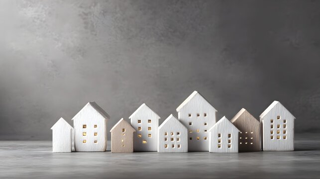 Row of small wooden house models with glowing illuminated windows lined up against concrete wall.
