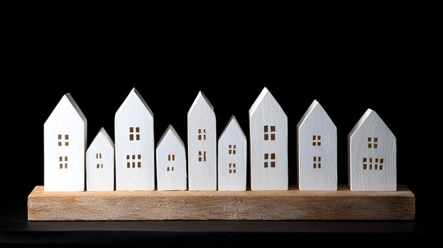 Miniature white wooden toy houses standing in a row on a timber stand against a solid black background.