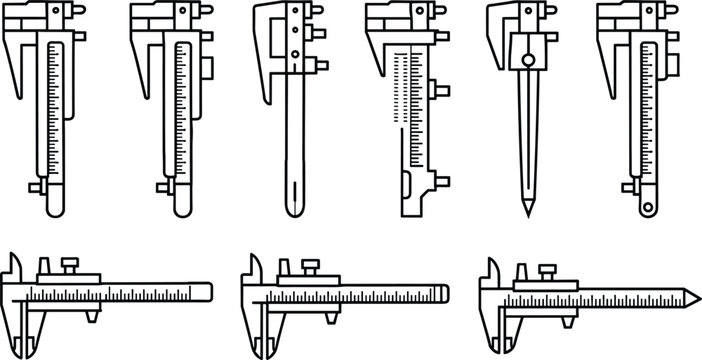Vernier Caliper and Precision Measurement Tools Icon Set for Engineering Vector Illustration