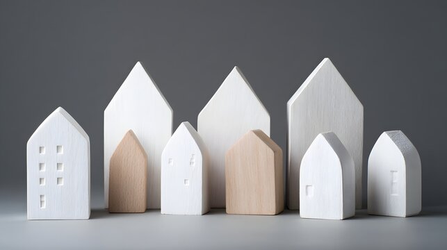 Set of minimalist wooden house figures in various sizes standing on smooth gray surface.