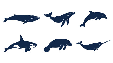 Collection of marine animal silhouettes on a white background © sumi