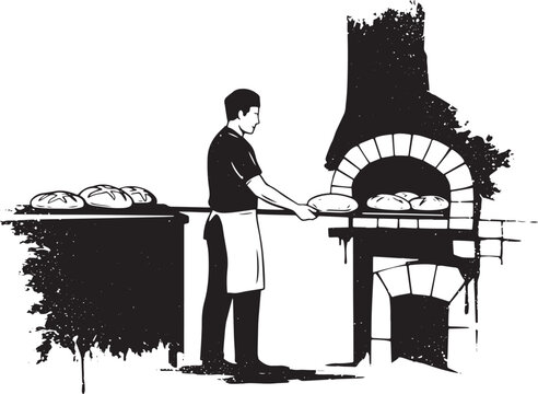 Artisan baker carefully places dough into a rustic brick oven fo