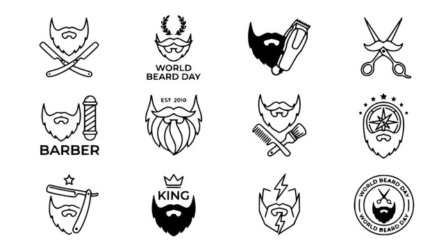 Beard Icons Set: Grooming, Barber, World Beard Day, King, Vintage Style