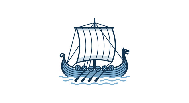 Viking Ship Illustration - Nordic Longboat with Dragon Head and Sails on Wavy Water, Minimalist Design