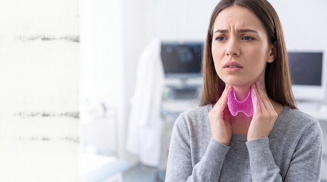 Young woman with sore throat holding neck. Female patient experiencing discomfort with health issues, seeking relief or medical advice.