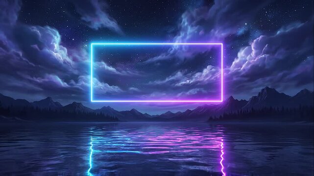 Neon rectangle frame over a lake at night under starry sky