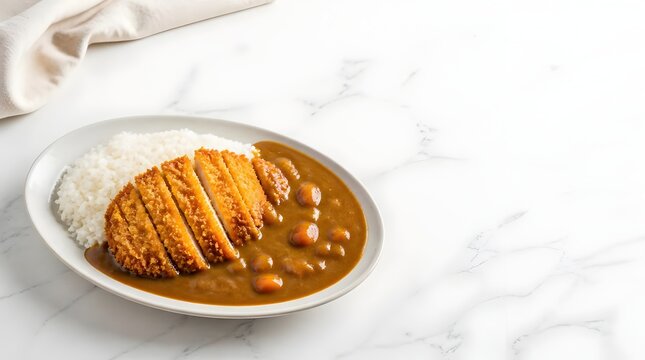 Japanese katsu curry with pork cutlet and rice served on a white plate