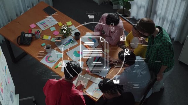 A diverse group of professionals collaborates in a modern office setting. Digital elements emphasize strategy and innovation, creating a dynamic business atmosphere. Raster