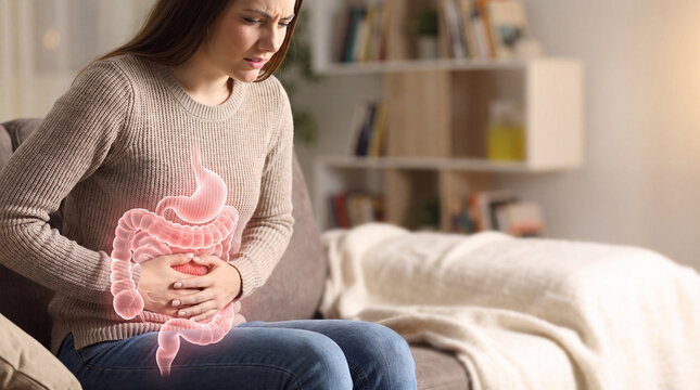 Woman suffering from stomach pain. Female feeling abdominal ache with digestive system graphic.