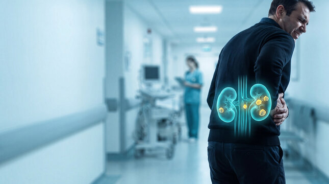 Man suffering from kidney pain. Patient with renal disease and digital organ visualization.