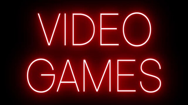 Red Neon VIDEO GAMES Sign Flickering on Black Background