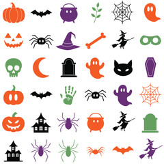 Fototapeta premium Large set of colorful halloween icons including spiders, pumpkins, ghosts, bats, witches, cauldrons, skulls, tombstones, and haunted houses