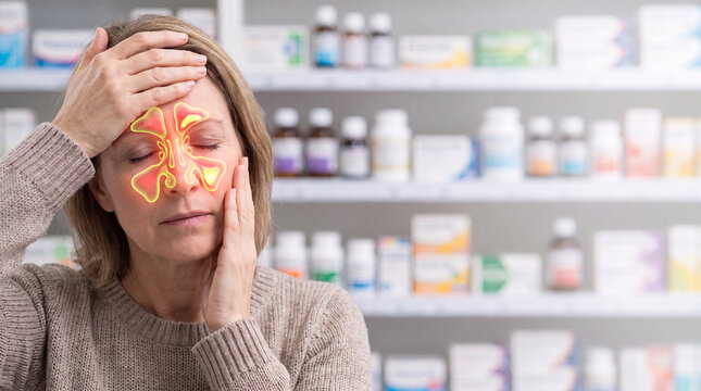 Senior woman experiencing headache with medication. Elderly female suffering from health issues in pharmacy setting.