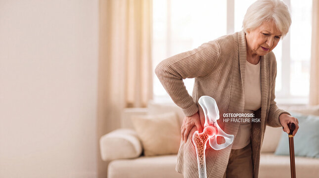 Elderly woman with walking cane and hip joint model. Senior female with mobility aid demonstrating joint health.