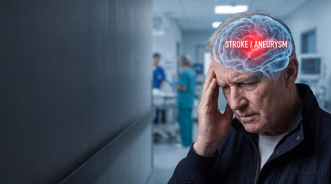 Elderly man with headache in hospital corridor. Senior patient experiencing pain or discomfort in medical setting.