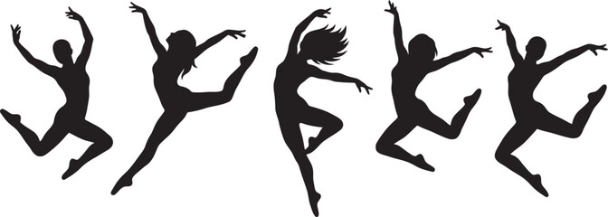 Vector Silhouettes of Dancing Women and Girls with Ballet Jumps Dynamic Poses and Black Figure Illustration Collection © BipashaSketches 